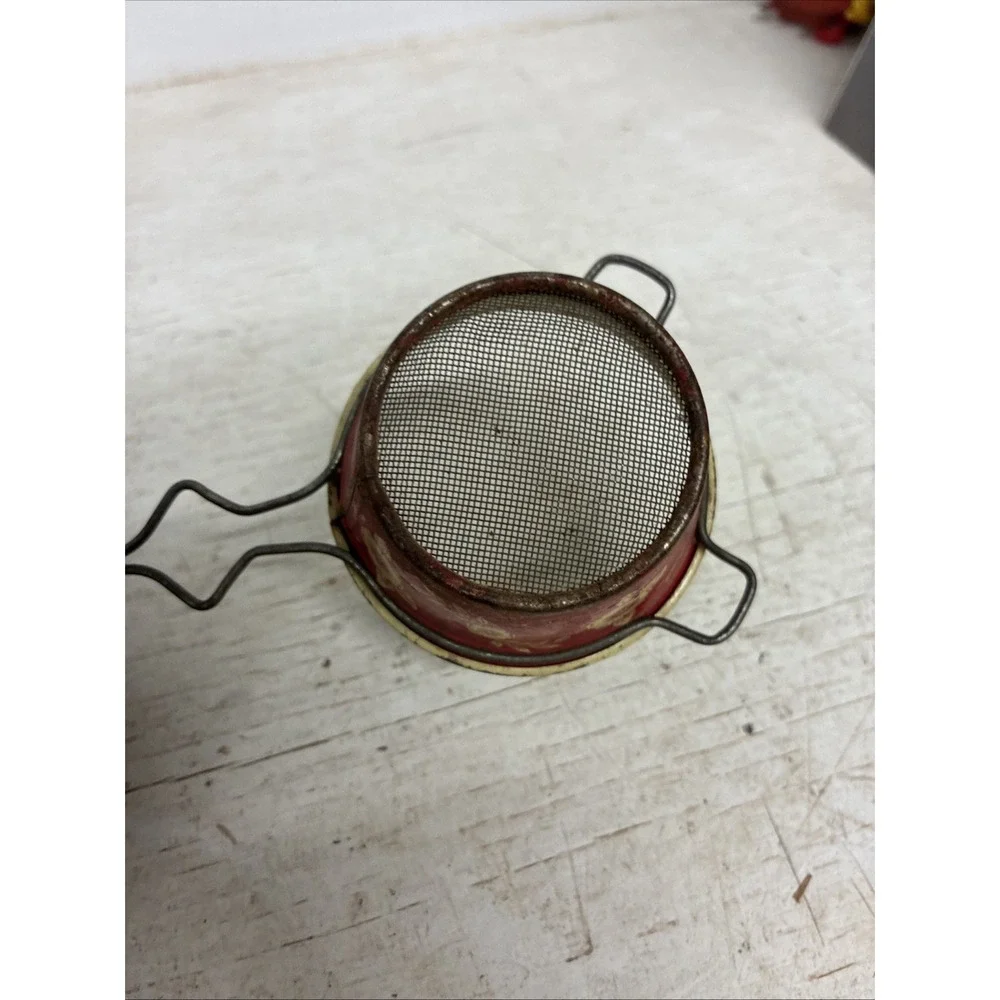 Rare Color Vintage RED & BEIGE FLOWERS Small SIFTER Enamelware Kitchen Scoop